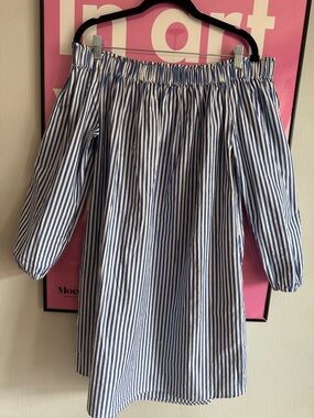 GAP Blue and White Striped Off-Shoulder Long Sleeve Dress